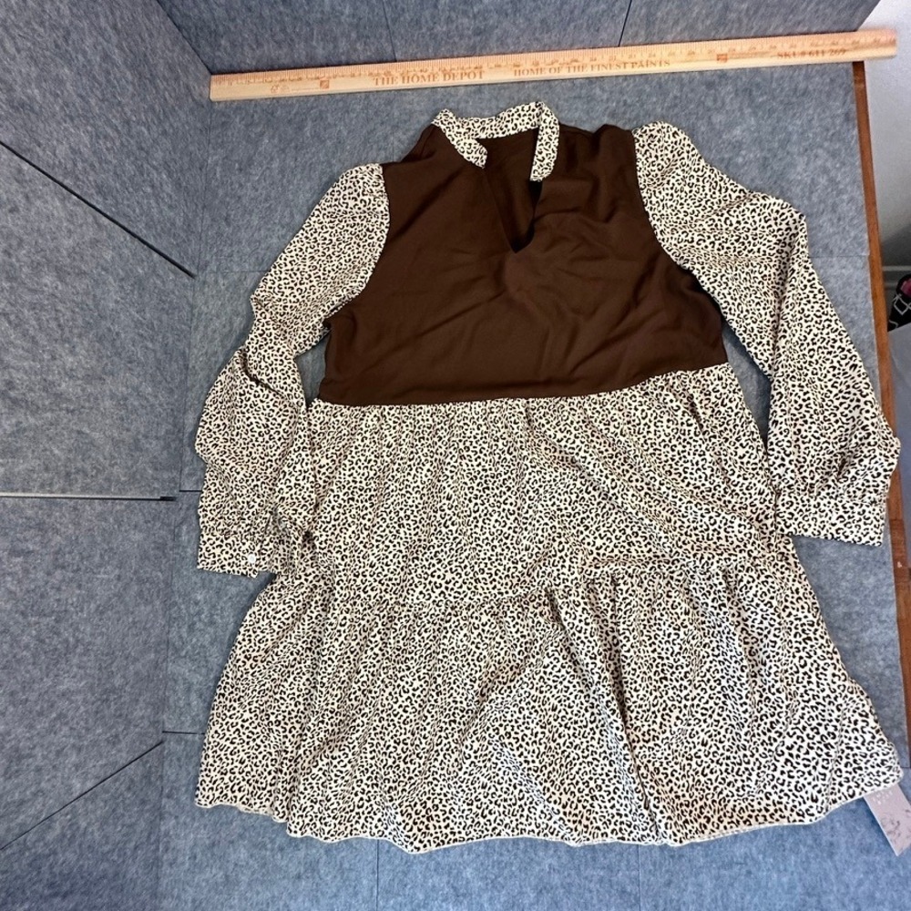 Emery Rose Leopard Print Babydoll Dress Brown Sleeves Tiered Casual SZ L - Picture 8 of 16
